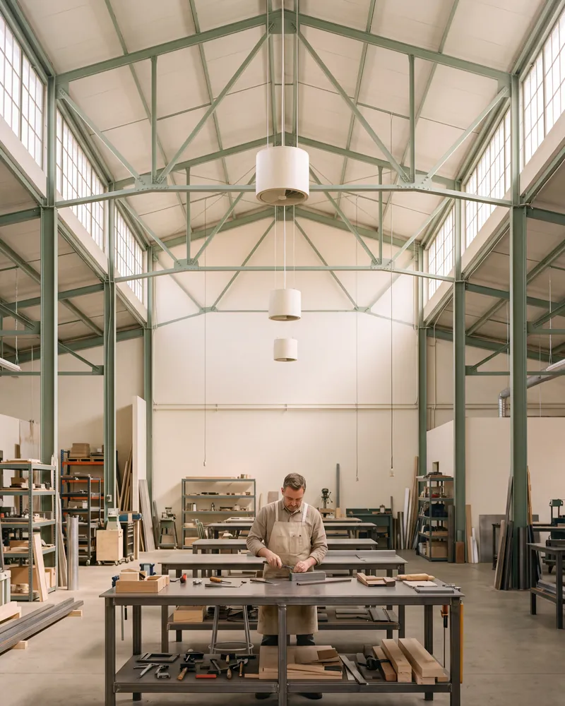 Atelier de métallerie lumineux équipé de déstratificateurs